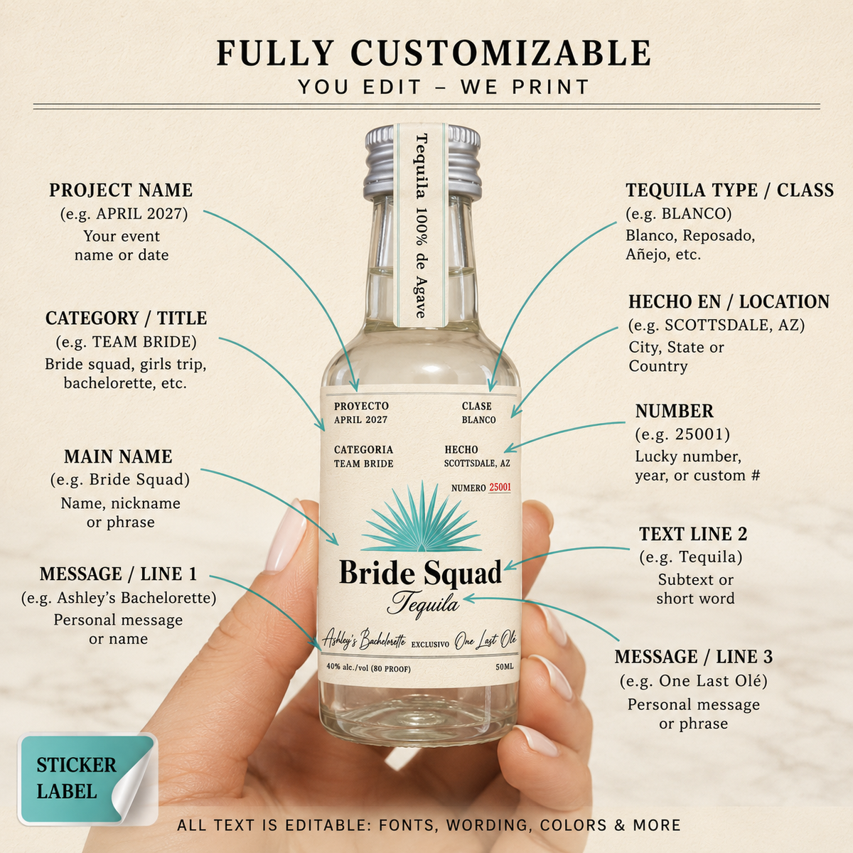 Personalized Casamigos Mini Bridesmaid Label – Bachelorette Party Tequila Bottle Label